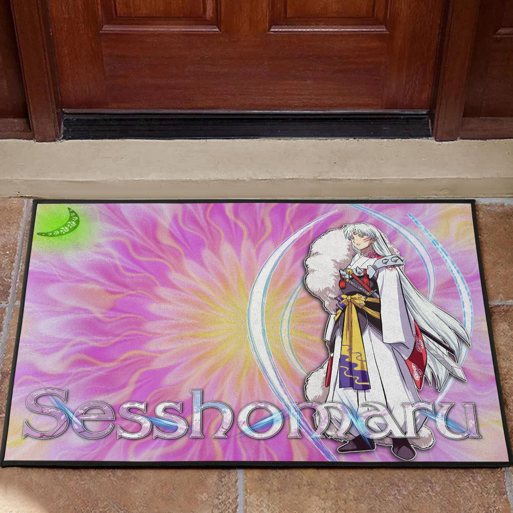 Inuyasha Anime Rubber Doormat Sesshomaru Standing Black Moon Retro Flower Looping Background Rubber Doormat Home Decor