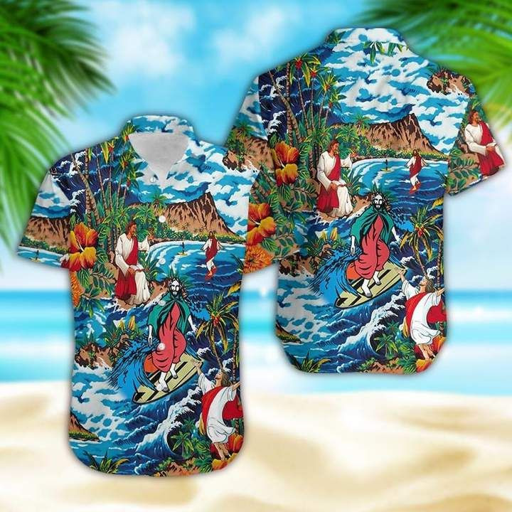 Jesus Surfing On Island Hawaiian Shirt