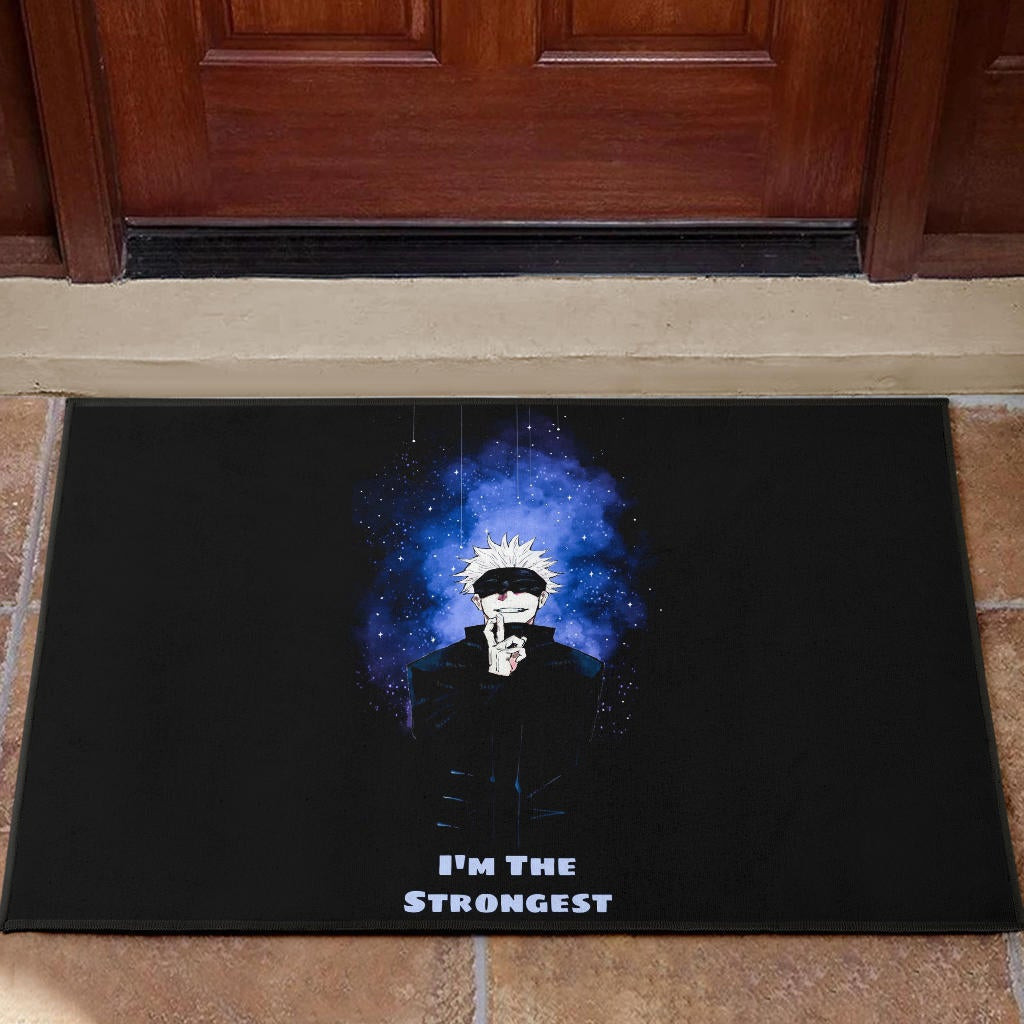 Jujutsu Kaisen Anime Rubber Doormat Satoru Gojo Smiling Hand Sign I'm The Strongest Rubber Doormat Home Decor