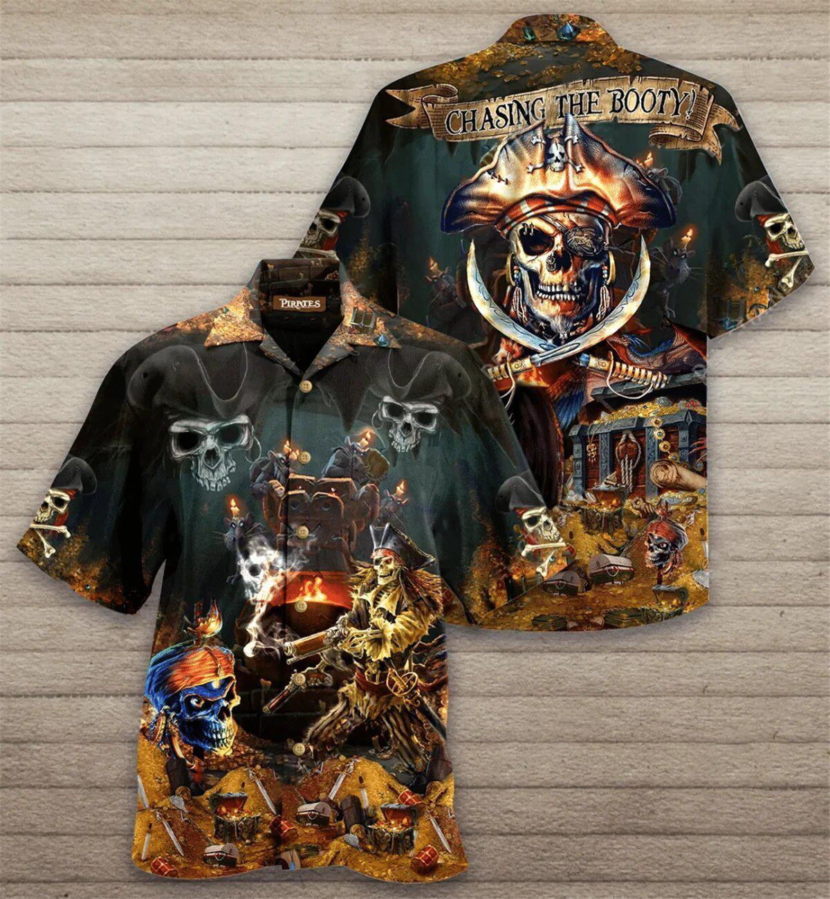 Just A Chasing Pirates The Booty Life Skull Finding Treasure Hawaiian Shirt