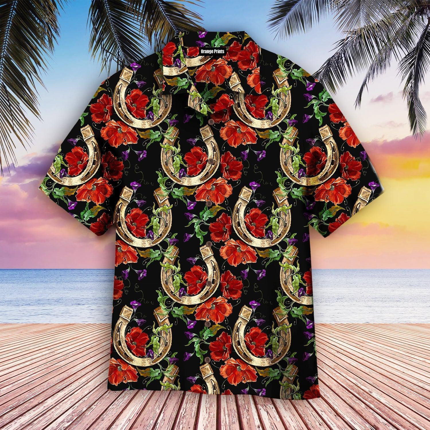Kentucky Derby Gold Horseshoe Red Poppies Flowers Hawaiian Shirt