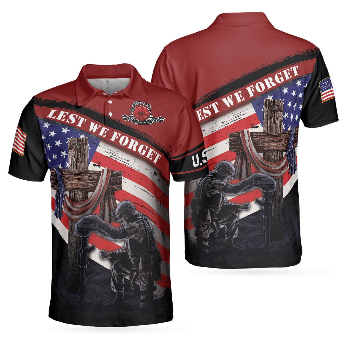Lest We Forget With USA Flag Polo Shirt American Flag Polo Shirt For Men Gift Idea For Veterans
