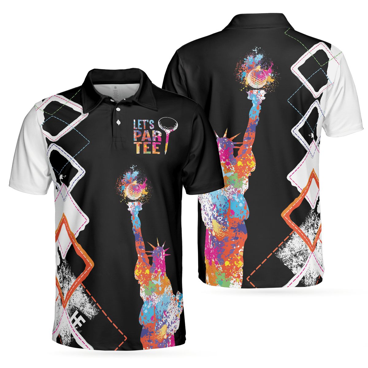 Lets Par Tee Colorful Lady Liberty Patriotic Golfer Polo Shirt Black And White Argyle Pattern Golf Shirt For Men