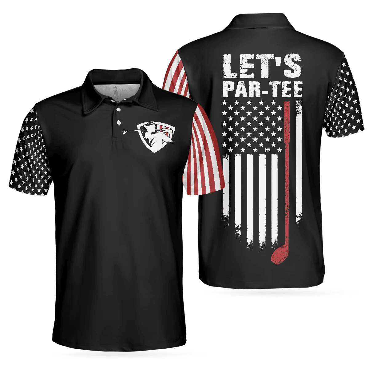 Let's Par Tee Short Sleeve Golf Polo Shirt, Dark Theme American Flag Polo Shirt, Patriotic Golf Shirt For Men