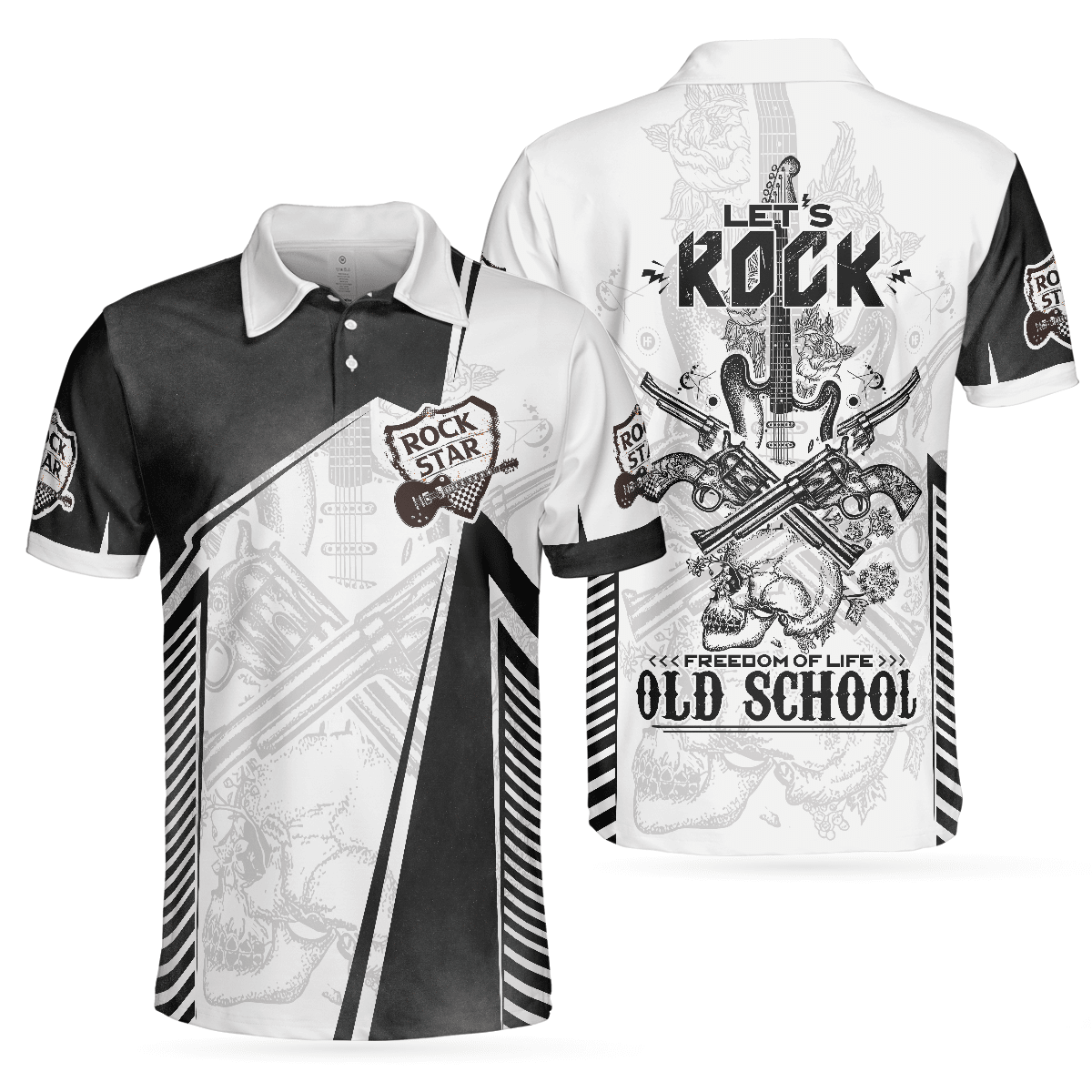 Lets Rock Freedom Of Life Old School Guitar Short Sleeve Polo Shirt Black And White Guitar Shirt For Men