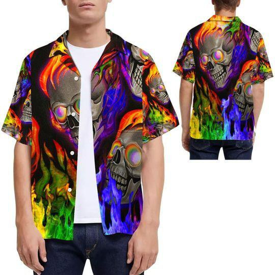 Lgbt Pride Rainbow Flame Skull Aloha Hawaiian Shirt