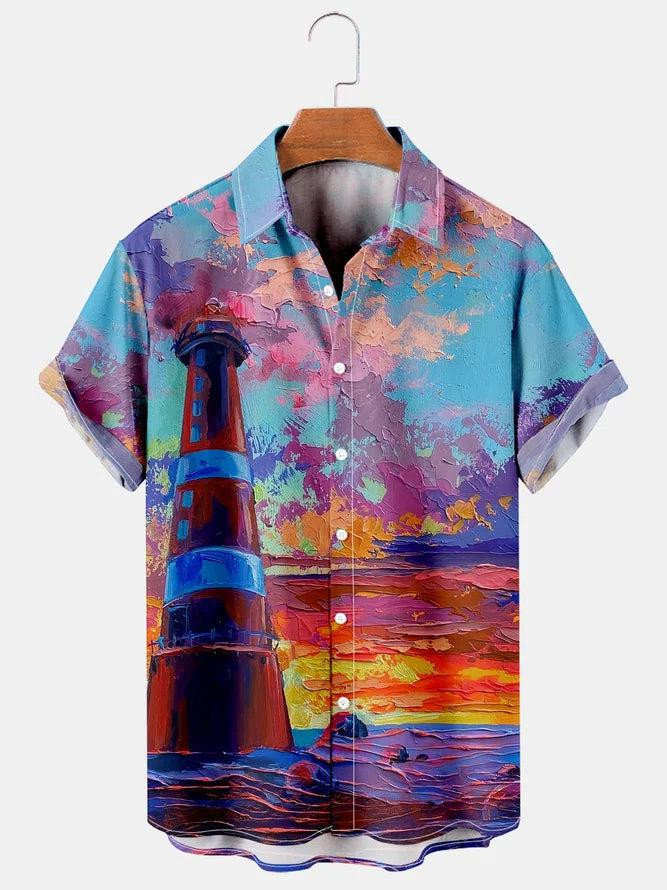 Lighthouse Oil Painting Print Casual Breathable Hawaiian Shirt