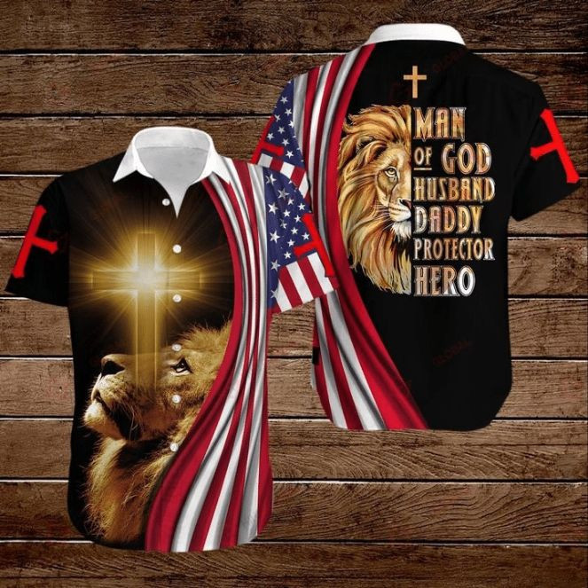 Lion Cross American Flag 4th Of July Independence Day Man Of God Husband Daddy Protector Hero Hawaiian Shirt