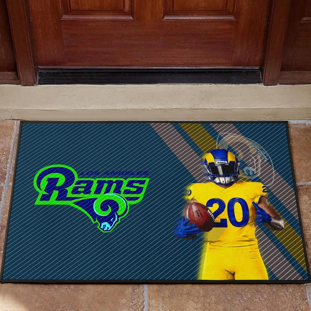 Los Angeles Rams American Football Jalen Ramsey 20 Wearing Helmet Standing Rubber Doormat Home Decor