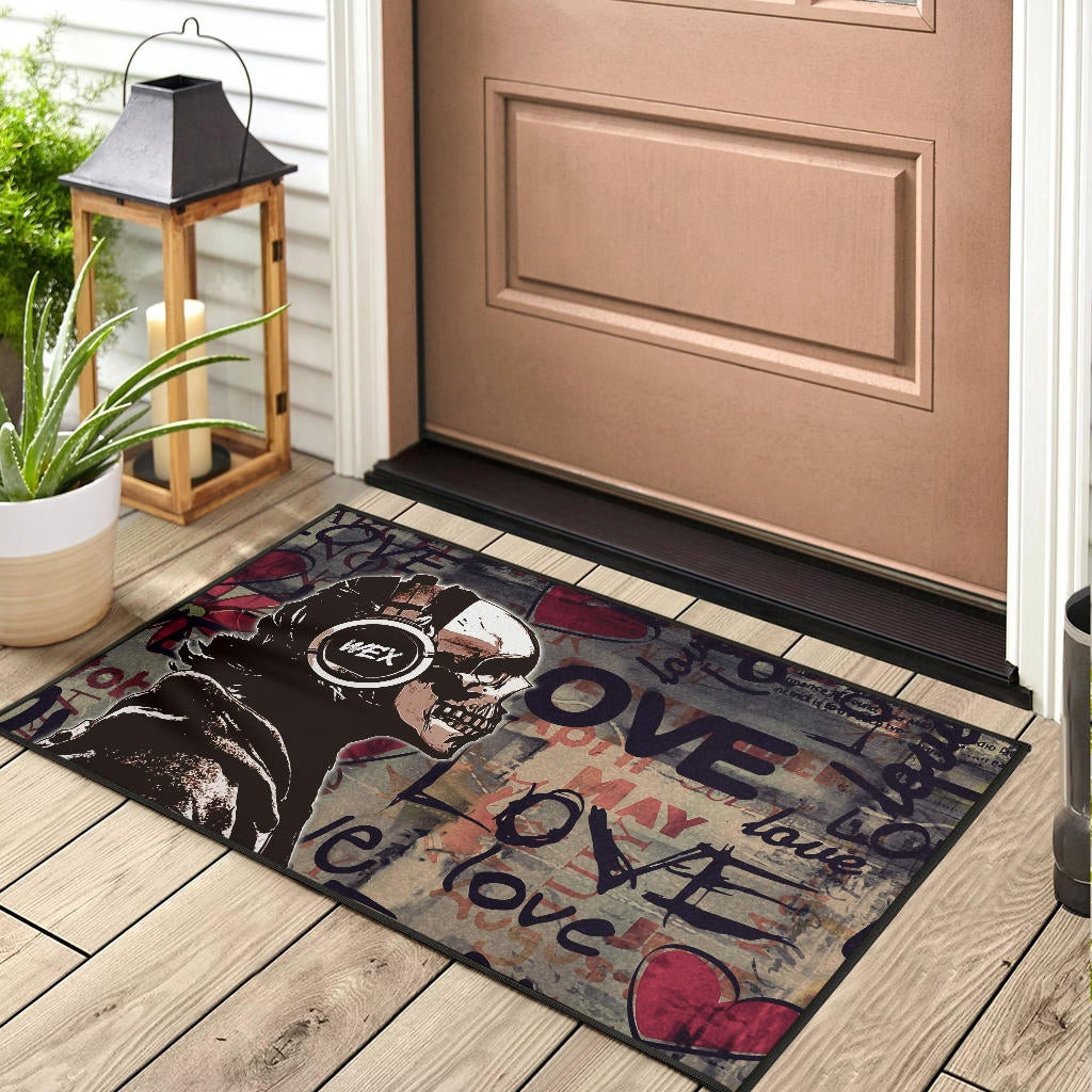 Love Rubber Doormat - Introvert Skeleton Wearing Headphone Love Patterns Rubber Doormat - Image 3