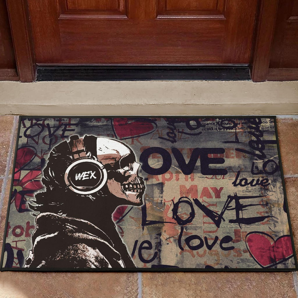 Love Rubber Doormat - Introvert Skeleton Wearing Headphone Love Patterns Rubber Doormat