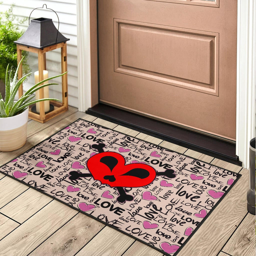 Love Rubber Doormat - Love Text Patterns Skull Heart Symbol Rubber Doormat - Image 3