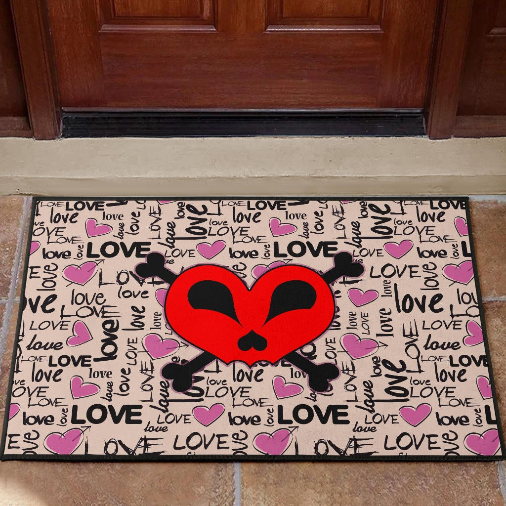 Love Rubber Doormat - Love Text Patterns Skull Heart Symbol Rubber Doormat