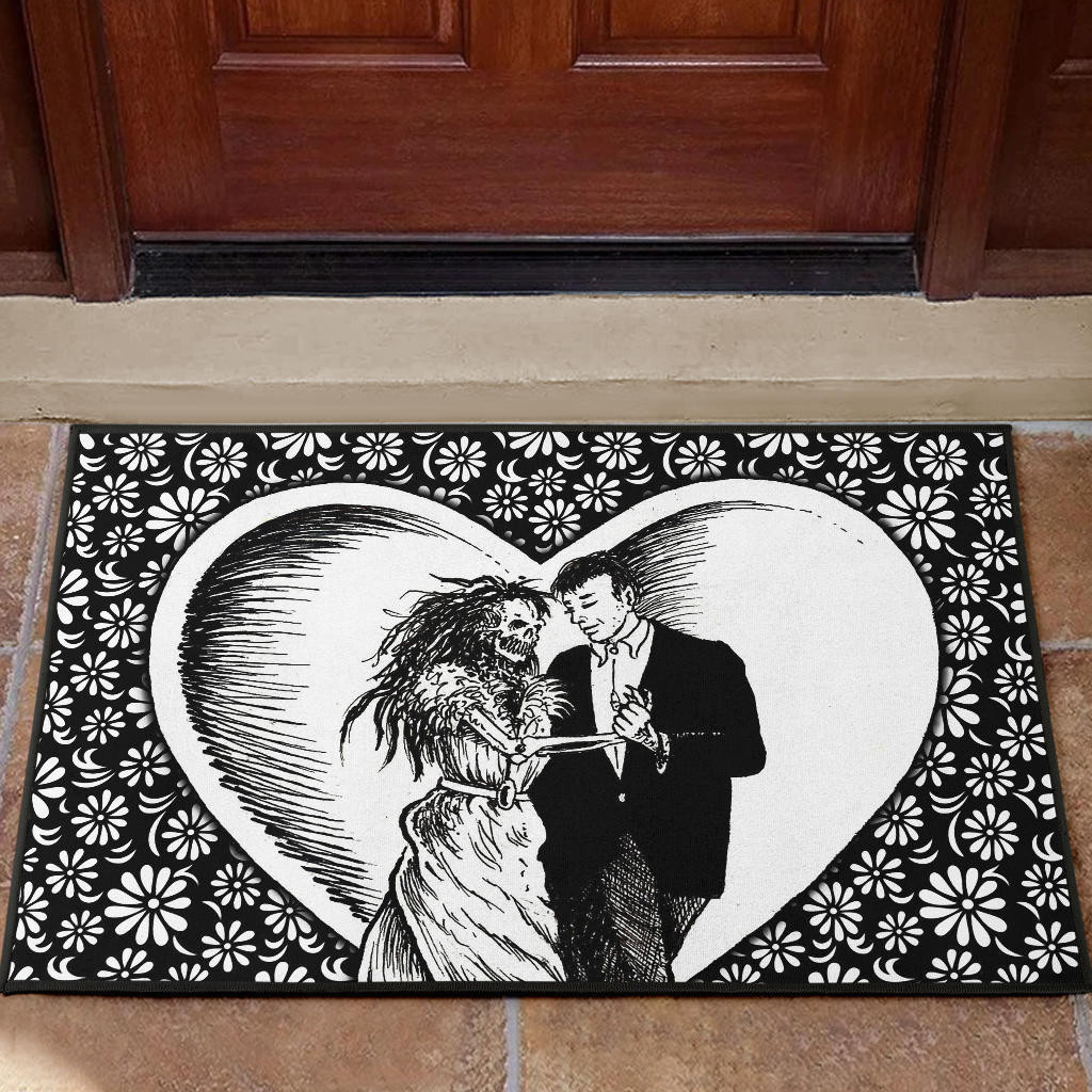 Love Rubber Doormat - Marriage Day Men With Skeleton Women Tiny Flower Patterns Rubber Doormat