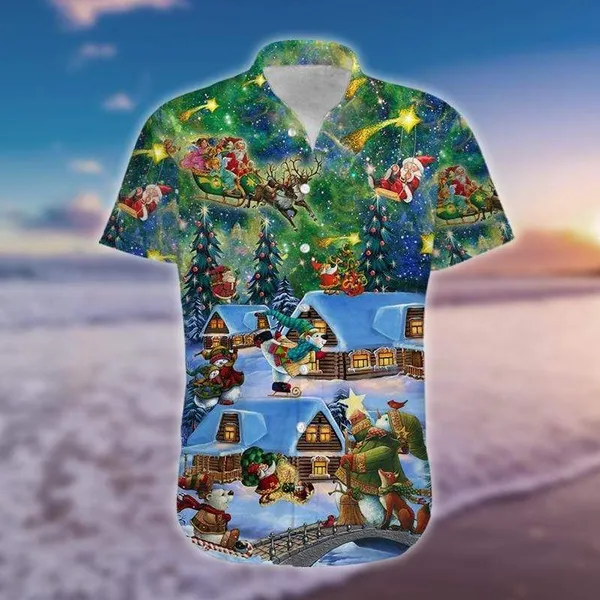 Magic Christmas Night Green Blue Galaxy Hawaiian Shirt