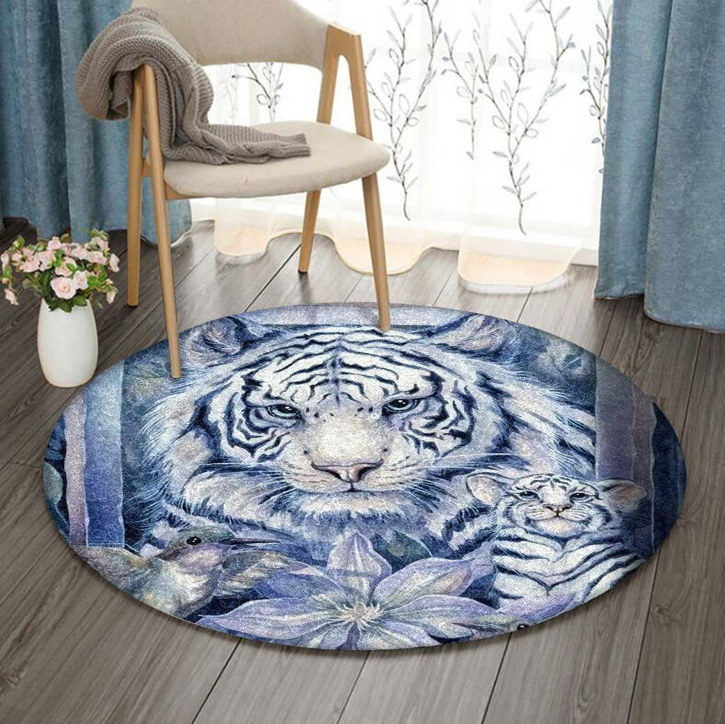 Majestic White Tiger And Hummingbird Round Rug Carpet Bedroom Livingroom Home Decor