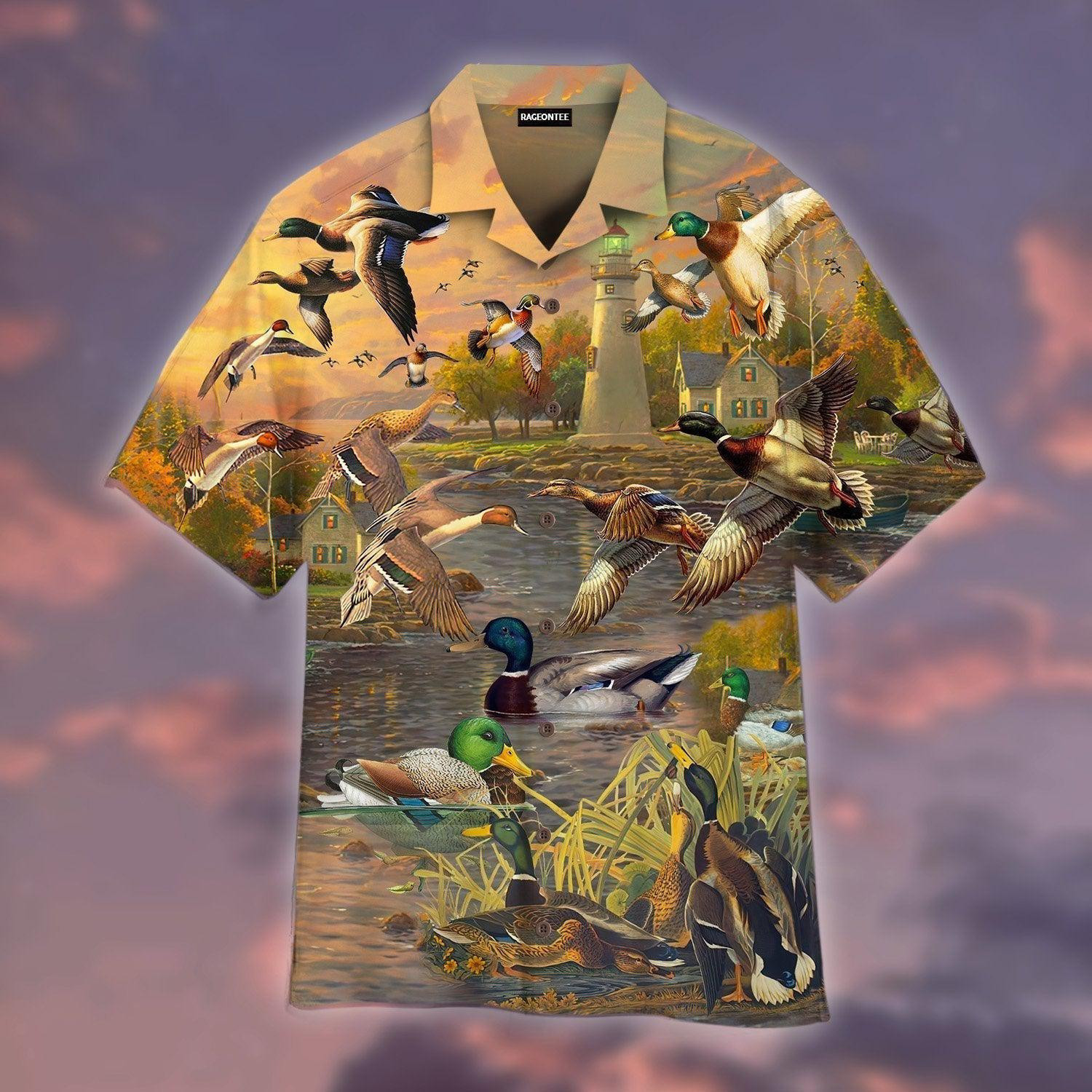 Mallard Duck Lake Sunset Hawaiian Shirt