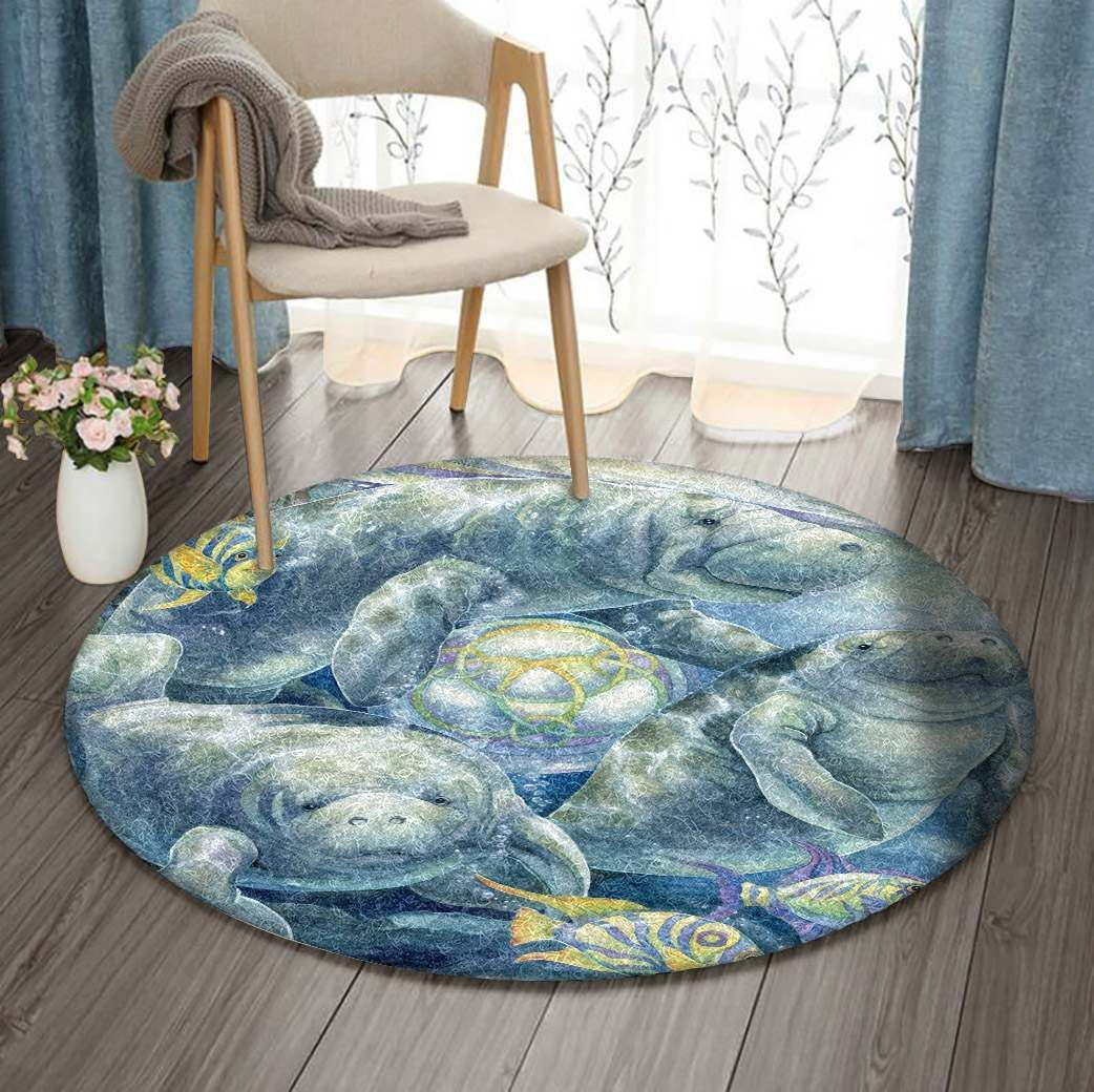 Manatee And Fish Round Rug Carpet Bedroom Livingroom Home Decor