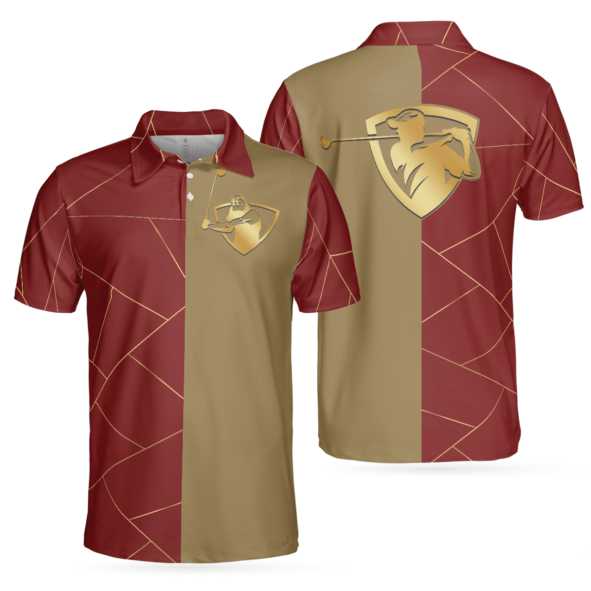 Maroon Color And Golden Lines Golf Polo Shirt