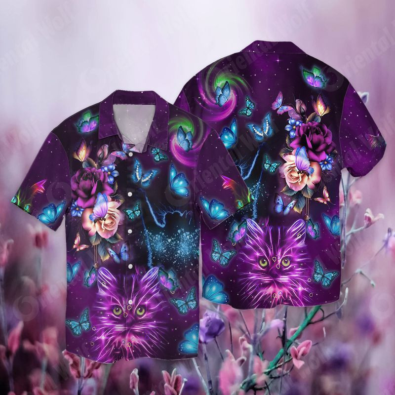 Memorial Day Butterfly Cat Neon Hawaiian Shirt