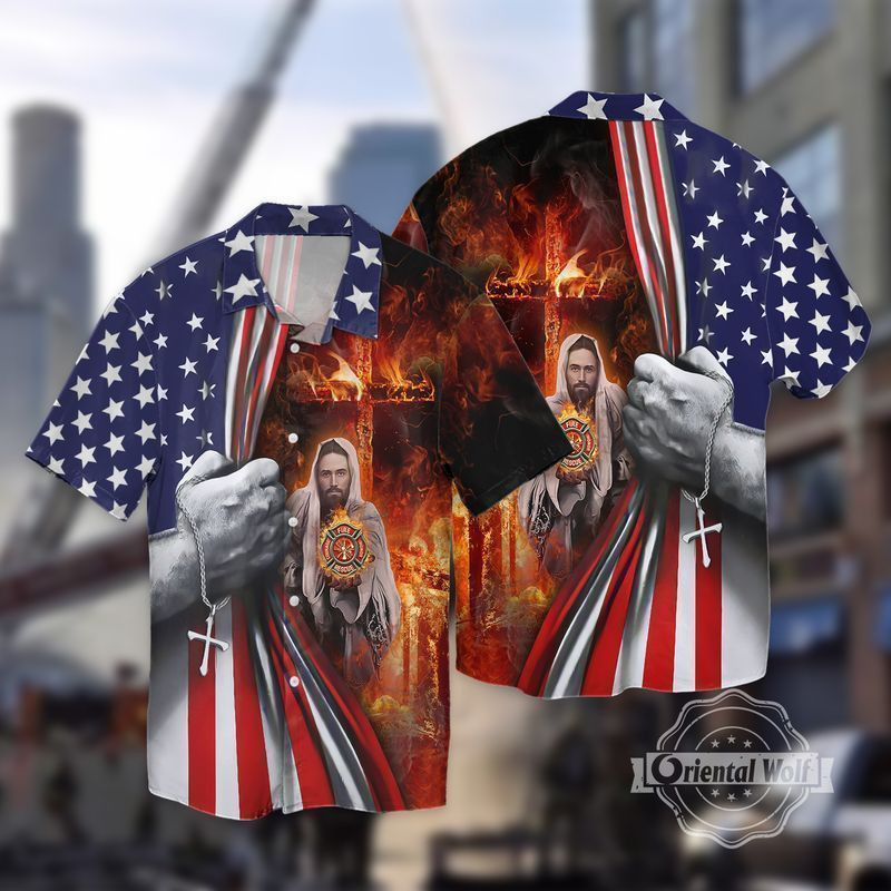 Memorial Day Firefighter American Flag Jesus Hawaiian Shirt