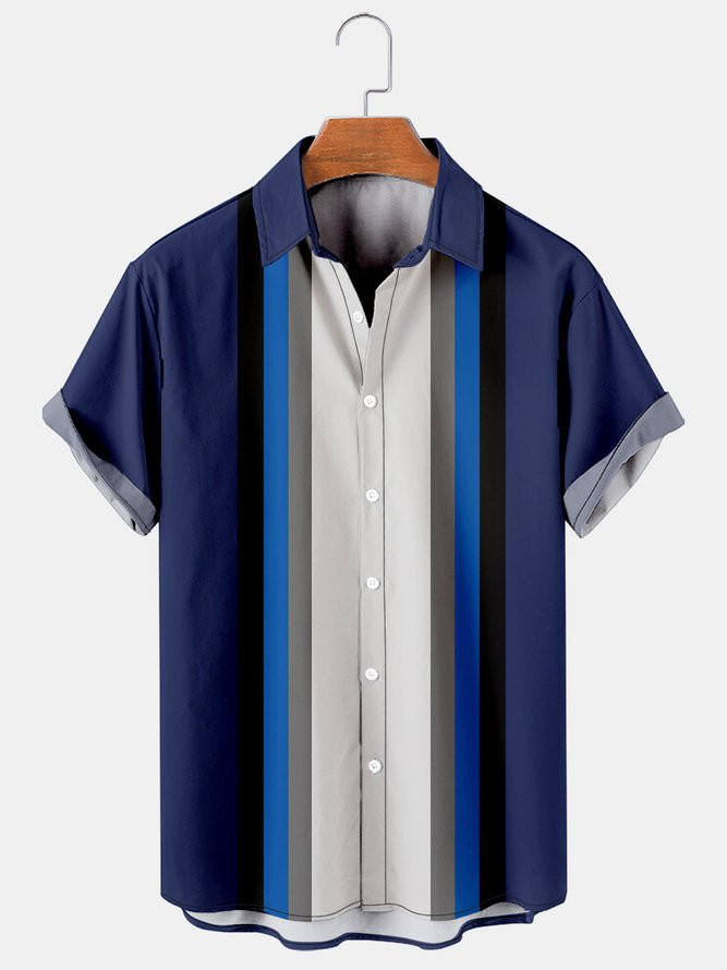 Mens Color-block Striped Casual Breathable Hawaiian Shirt