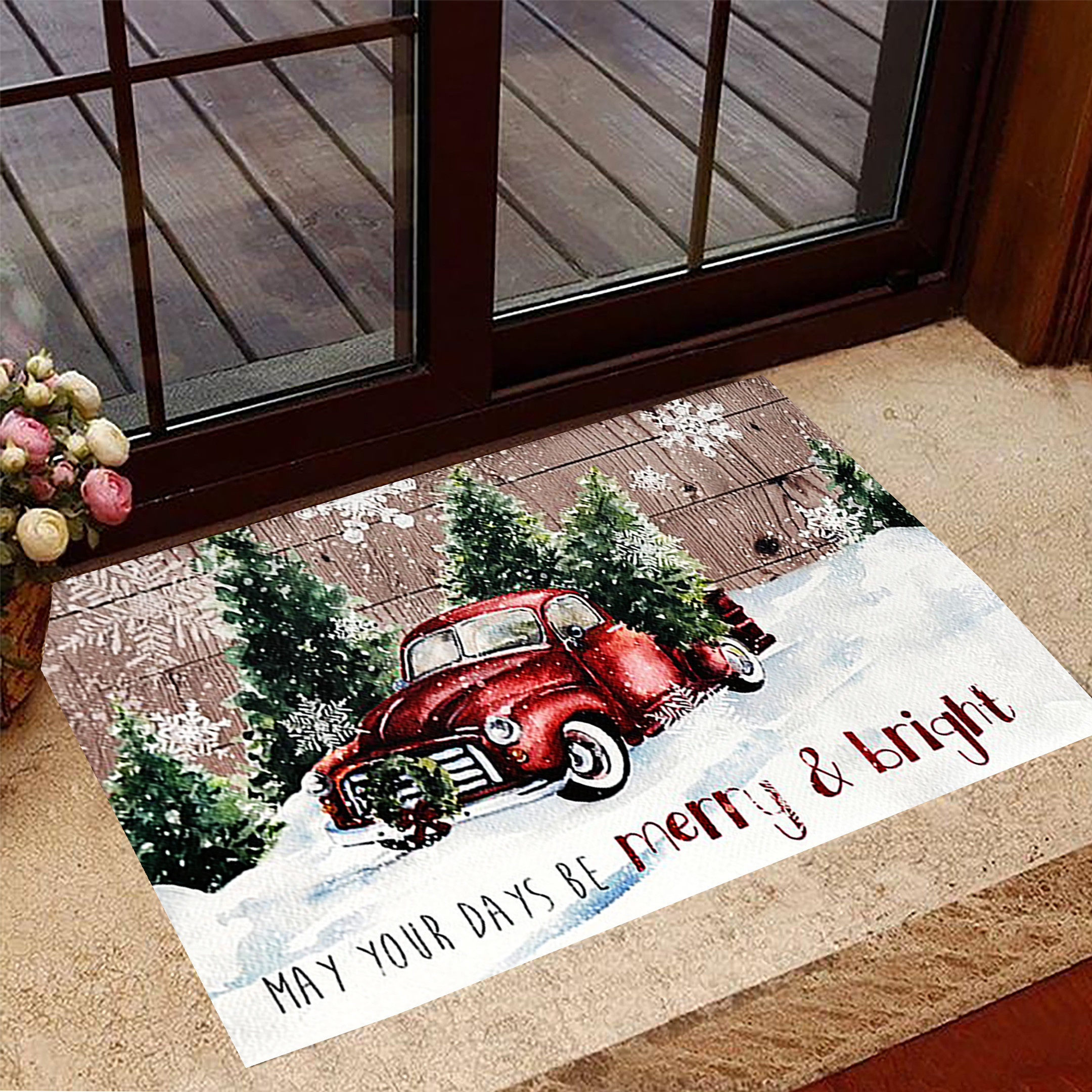 Merry And Bright Rubber Doormat Red Truck Holiday Christmas Welcome Mat For Front Door