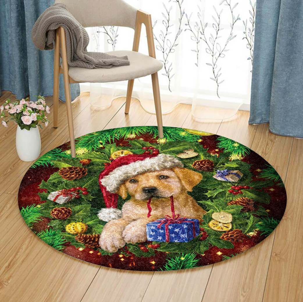 Merry Christmas Puppy Round Rug Carpet Bedroom Livingroom Home Decor
