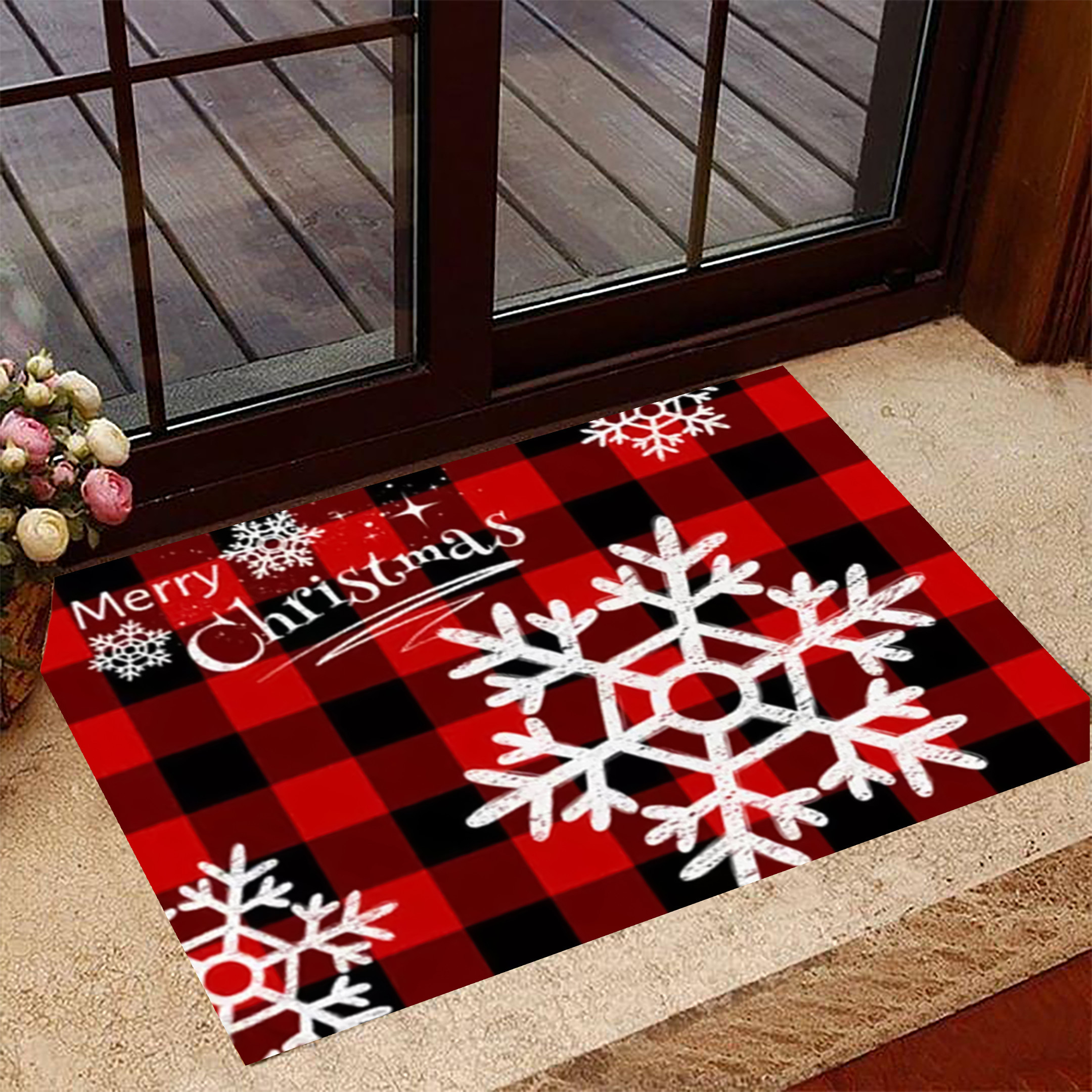 Merry Christmas Snowflake Rubber Doormat Buffalo Plaid Happy Holidays Rubber Doormat Decorating