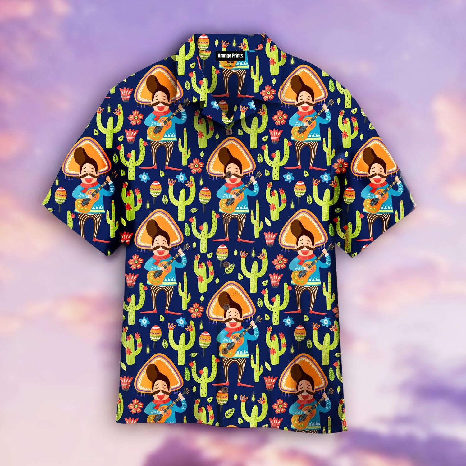 Mexican Happy Man In Sombrero Hat With Guitar Hawaiian Shirt