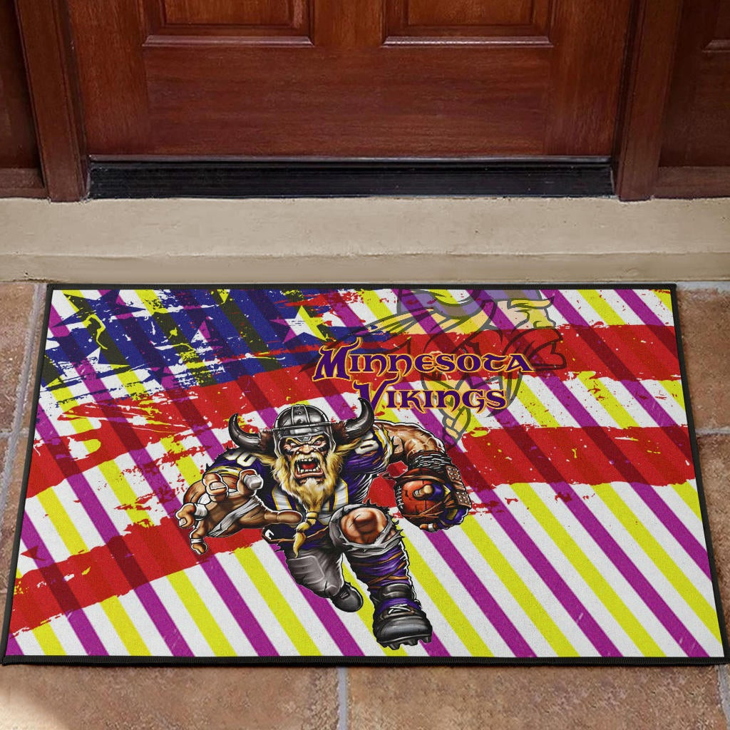 Minnesota Vikings American Football Team Rubber Doormat Giant Viking Holding Rugby Running On Painting Flag Rubber Doormat Home Decor