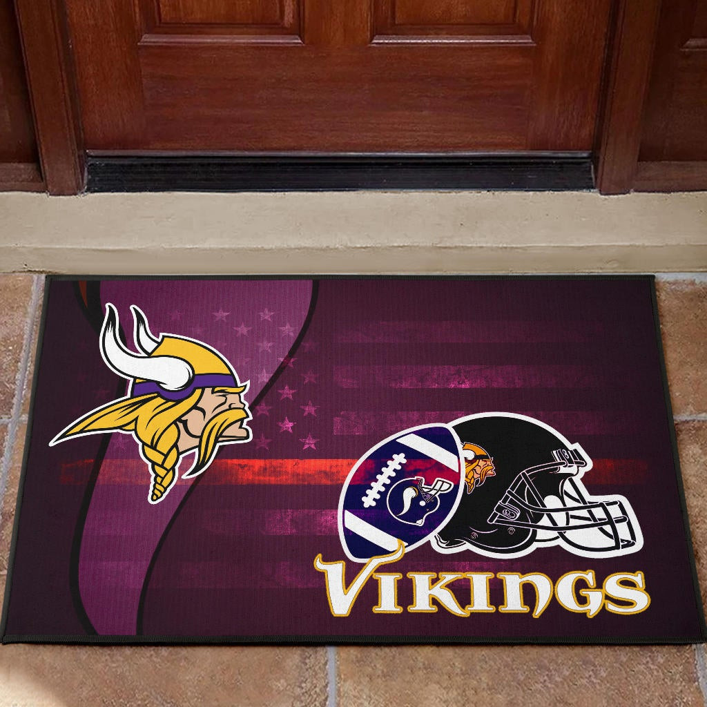 Minnesota Vikings American Football Team Rubber Doormat Viking Head Rugby Ball And Black Helmet Symbol Rubber Doormat Home Decor