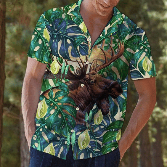 Moose Tropical Leaves Hawaiian Shirt