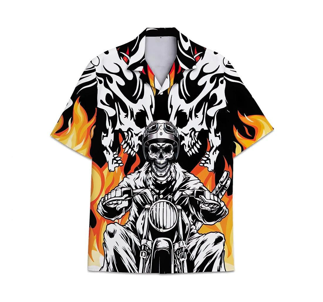 Motorbike Skull Fire Pattern Short Tall Womensmall Hawaiian Shirt