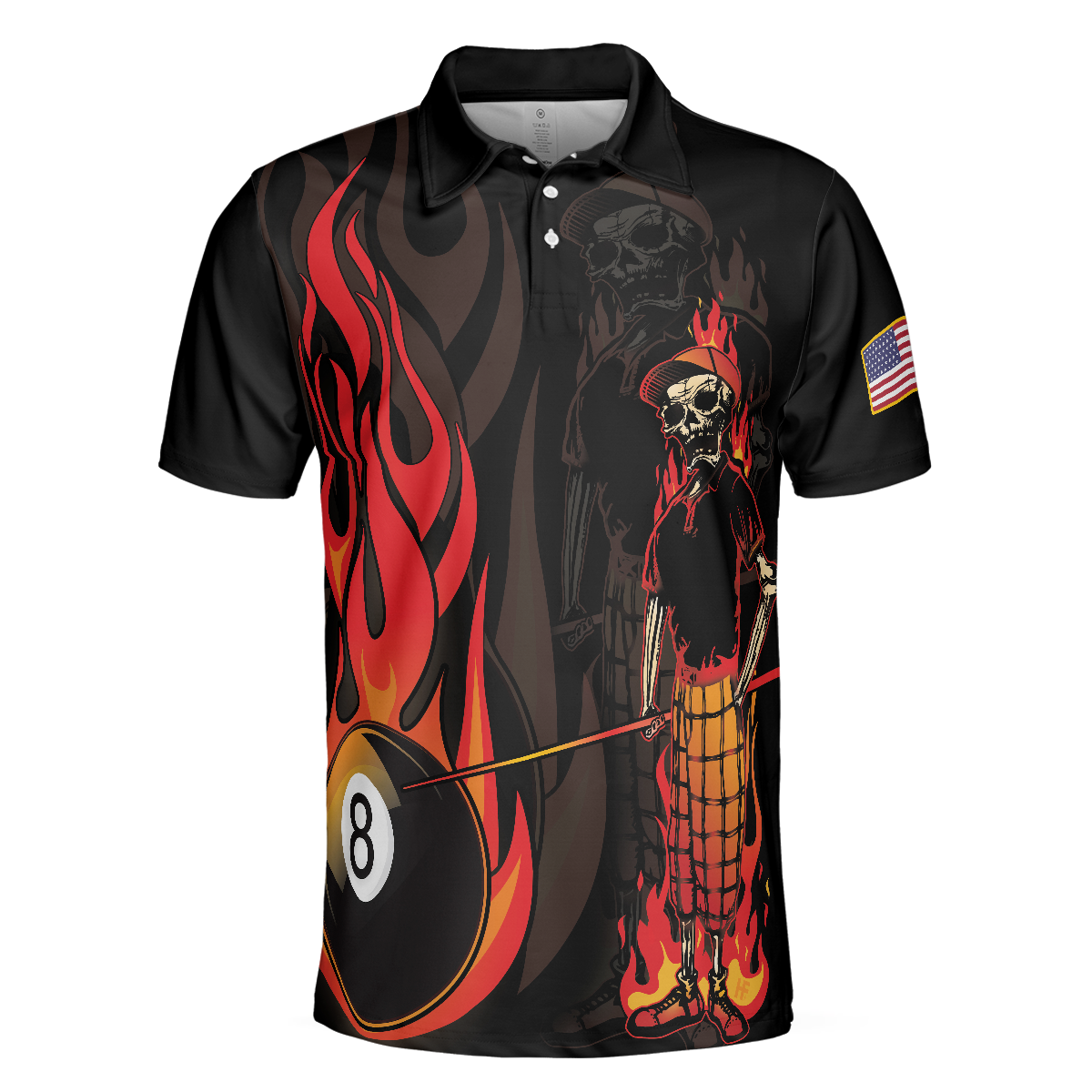 Mr Bones 8 Ball American Flag Billiards Skull Short Sleeve Polo Shirt Cool Skeleton Billiards Shirt For Men - Image 3