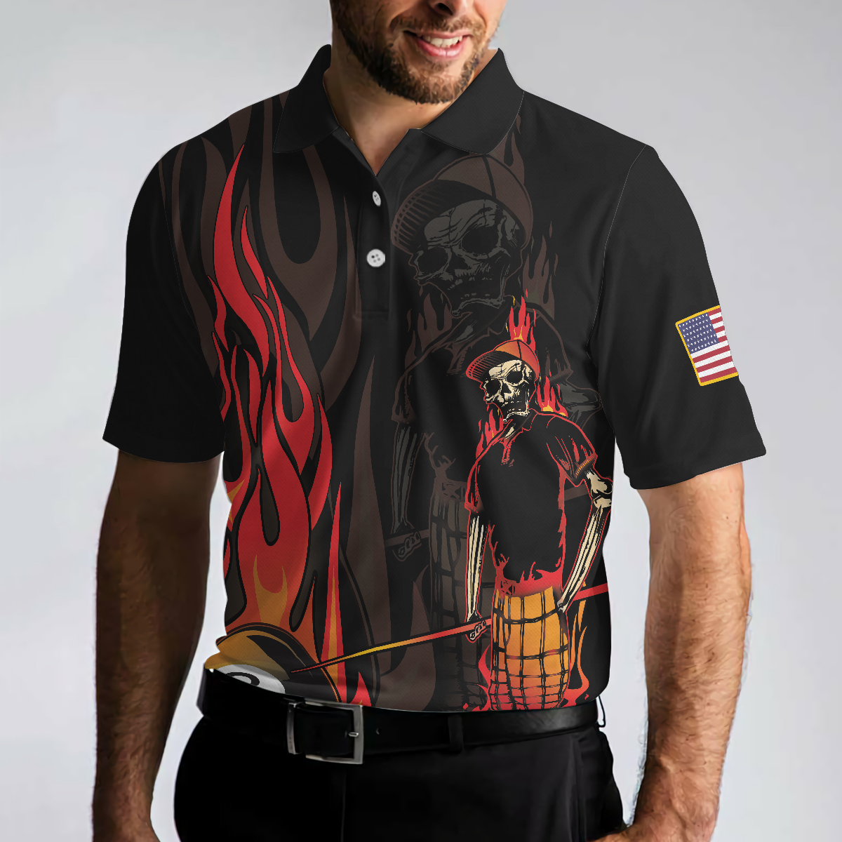 Mr Bones 8 Ball American Flag Billiards Skull Short Sleeve Polo Shirt Cool Skeleton Billiards Shirt For Men - Image 5
