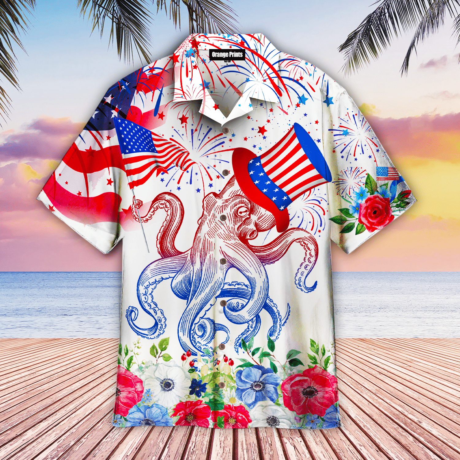 My Patriotic Heart Beats Red White And Blue Octopus Hawaiian Shirt
