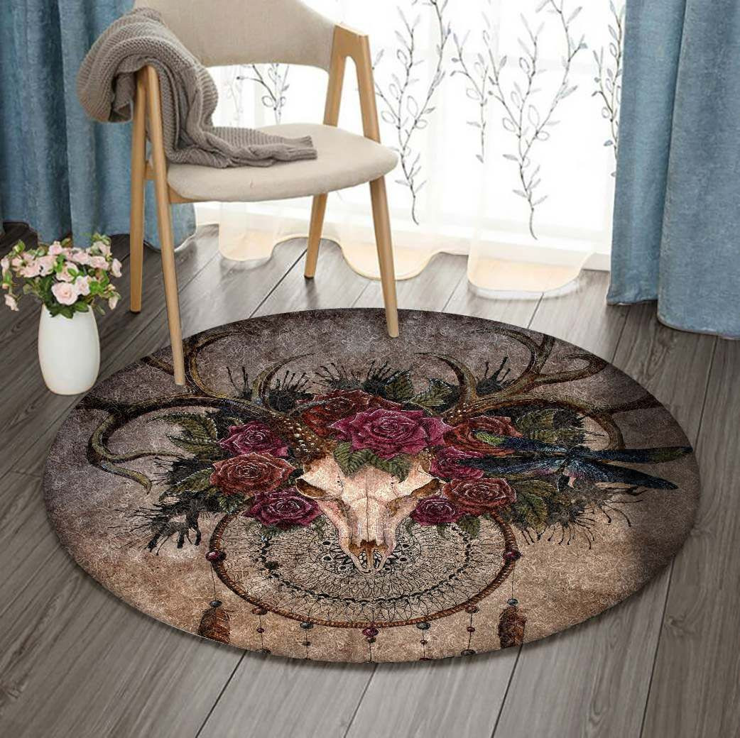 Native Buffalo Skull Dreamcatcher And Rose Round Rug Carpet Bedroom Livingroom Home Decor