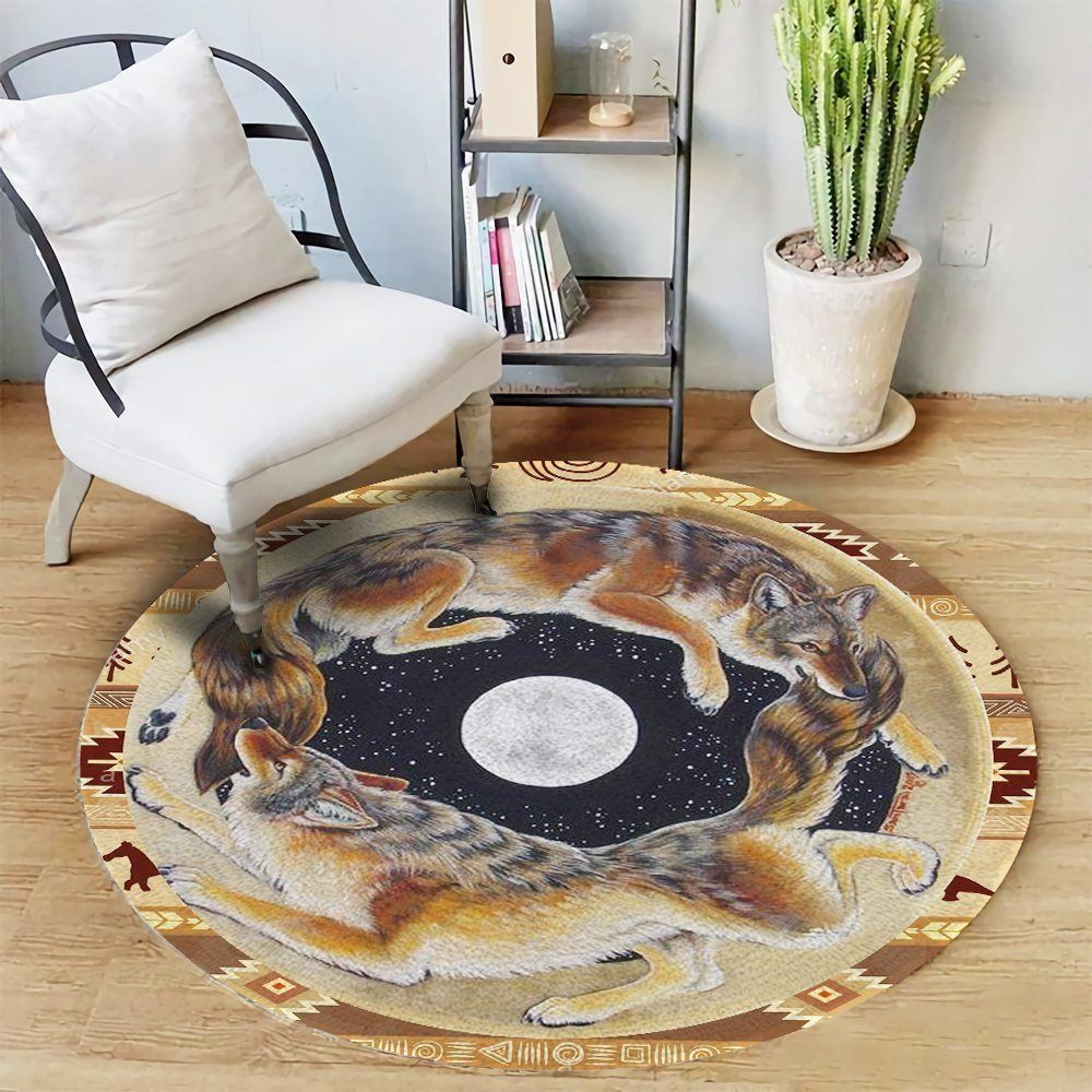 Native Moon And Wolf Round Rug Carpet Bedroom Livingroom Home Decor