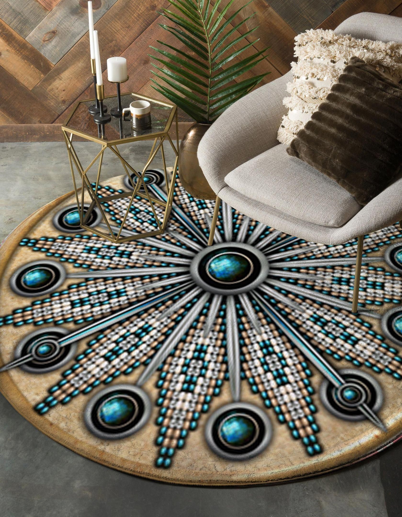 Naumaddic Arts White Native American Round Rug Carpet Bedroom Livingroom Home Decor