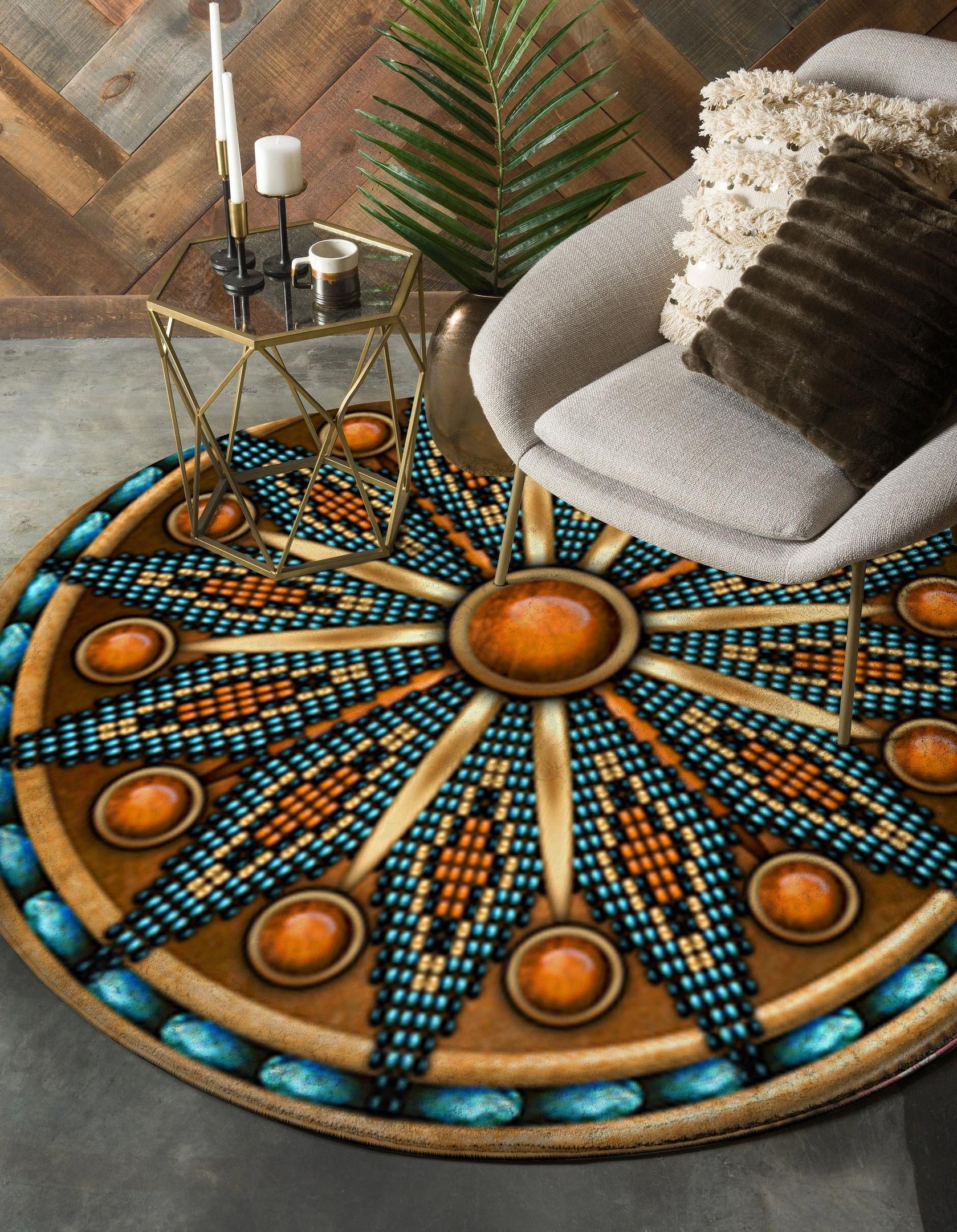 Naumaddic Arts Yellow Native American Round Rug Carpet Bedroom Livingroom Home Decor