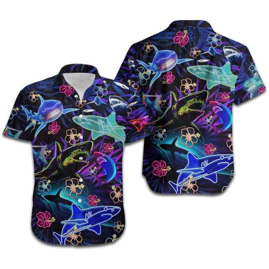 Neon Sharks Tropical Hibiscus Hawaiian Shirt