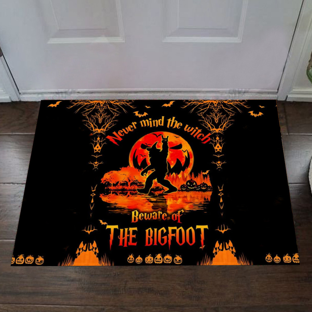 Never Mind The Witch Beware Of The Bigfoot Rubber Doormat Front Door Halloween Decorations Inside
