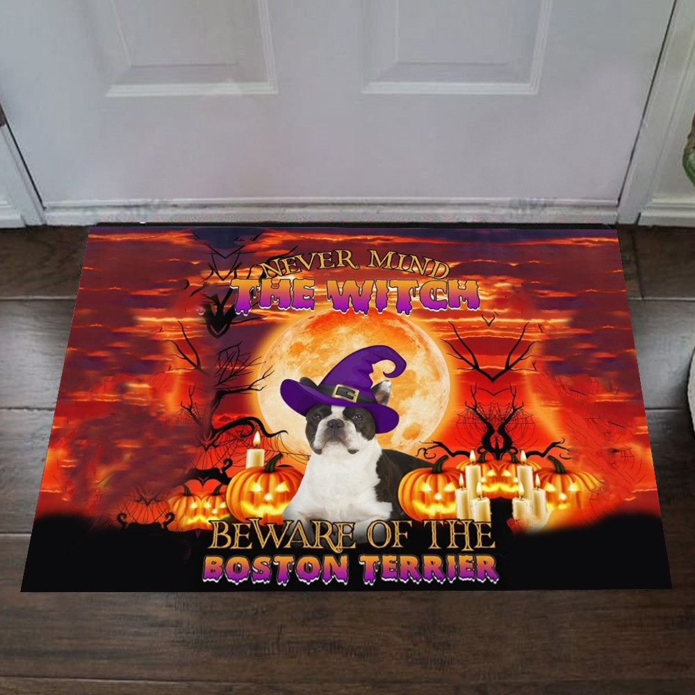 Never Mind The Witch Beware Of The Boston Terrier Rubber Doormat Dog Owner Halloween Door Mats