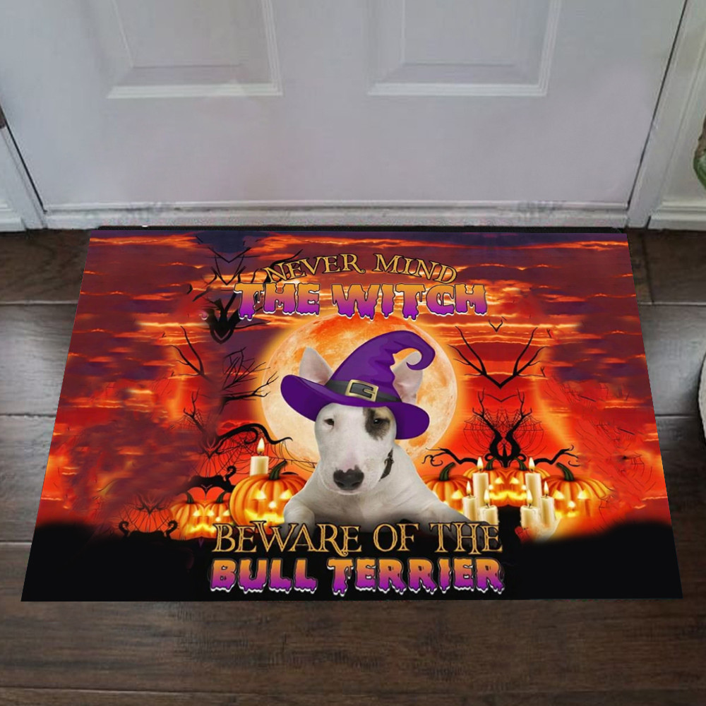Never Mind The Witch Beware Of The Bull Terrier Rubber Doormat Dog Theme Cute Indoor Halloween Decor Gift