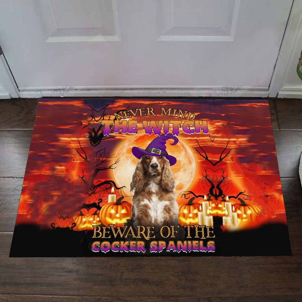 Never Mind The Witch Beware Of The Cocker Spaniels Rubber Doormat Dog Owner For Halloween Door Mats