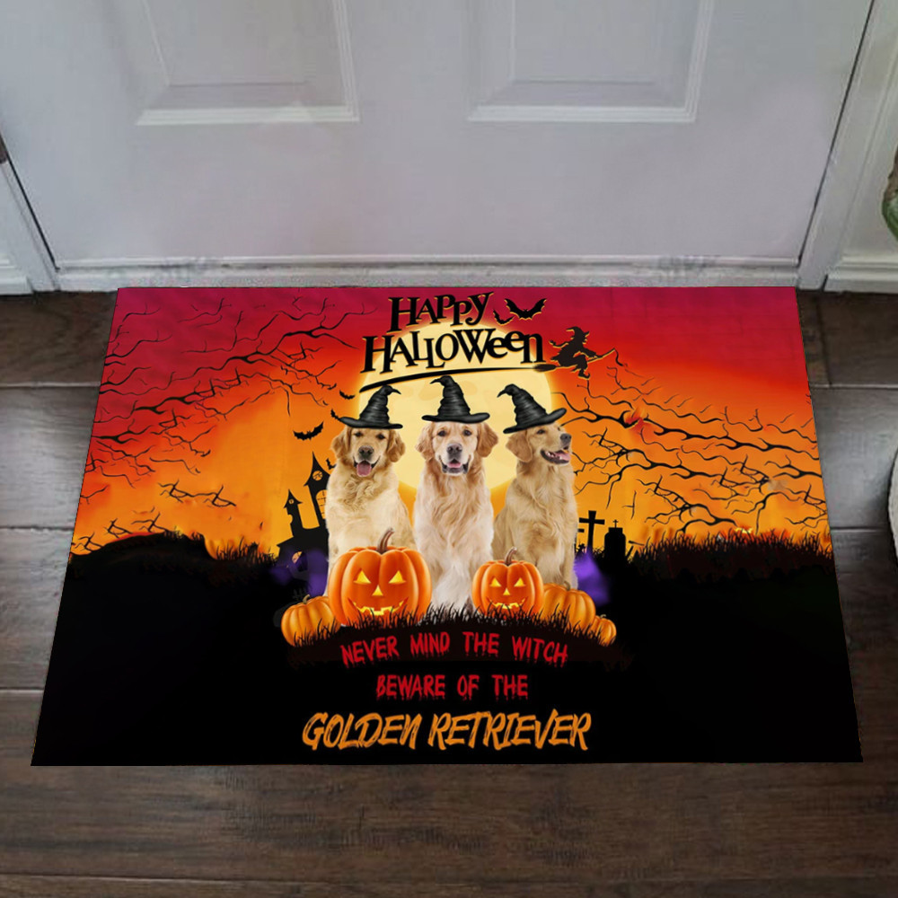 Never Mind The Witch Beware Of The Golden Retriever Happy Halloween Rubber Doormat Dog Lovers Gift
