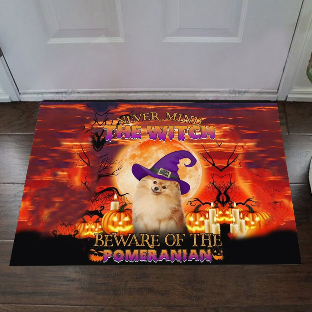 Never Mind The Witch Beware Of The Pomeranian Rubber Doormat Dog Owner Halloween Welcome Mat