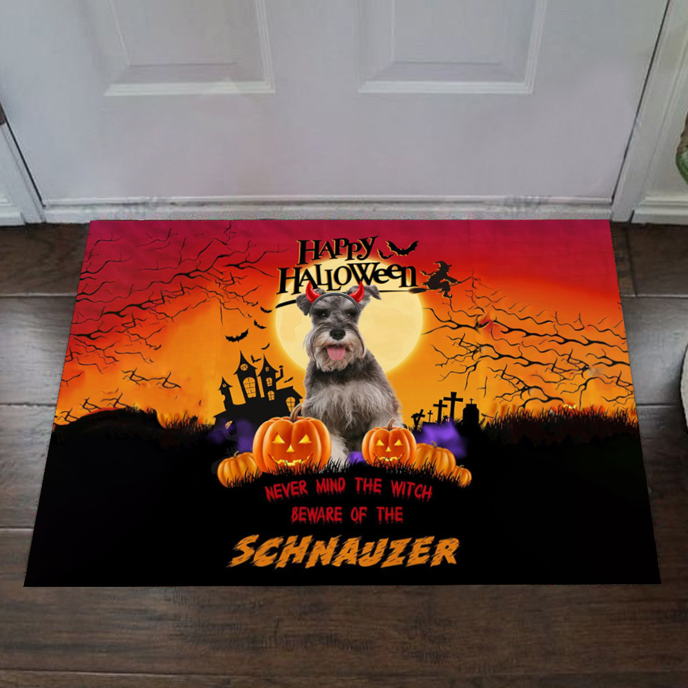 Never Mind The Witch Beware Of The Schnauzer Happy Halloween Rubber Doormat Dog Lover Front Door Mats