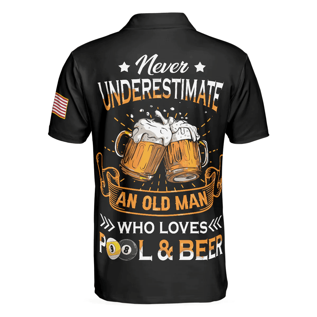 Never Underestimate An Old Man Who Loves Pool And Beer Polo Shirt, Black American Flag Billiards Shirt For Men - Image 3